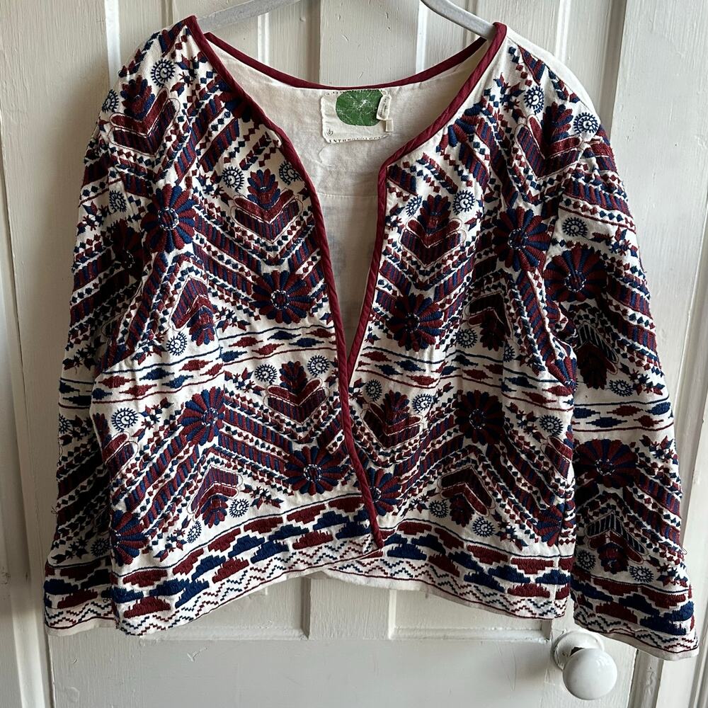 Anthropologie Greenwich Embroidered Open Cropped Jacket - Picture 2 of 8